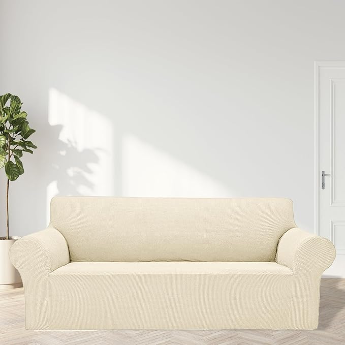 Cupuamon 2026 New Stretch Sofa Slipcovers Couch Cover for 3 Cushion Furniture Protector Sofa Covers with Elastic Bottom Jacquard Fabric Small Checks for Pets, Kids -Sofa, Beige
