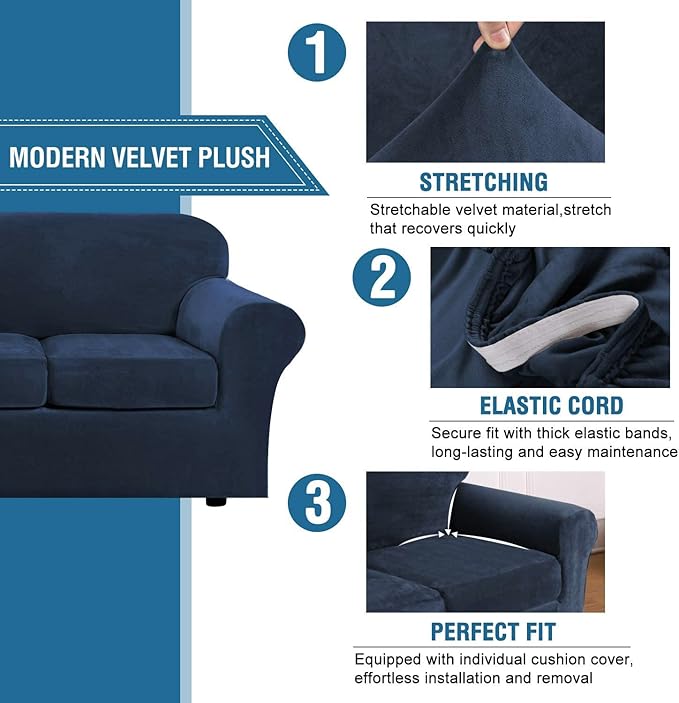 H.VERSAILTEX Modern Velvet Plush 4 Piece High Stretch Sofa Slipcover Sofa Cover Furniture Protector Form Fit Luxury Thick Velvet Sofa Cover for 3 Cushion Couch Width Up to 90 Inch (Sofa,Navy)