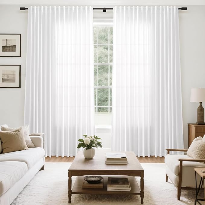 White Large Window Curtains Light Filtering Semi Sheer Privacy Linen Textured Curtain for Patio Sliding Glass Door Extra Wide Rustic Farmhouse Drapes for Living Room Bedroom Sunroom 100x90 Inch