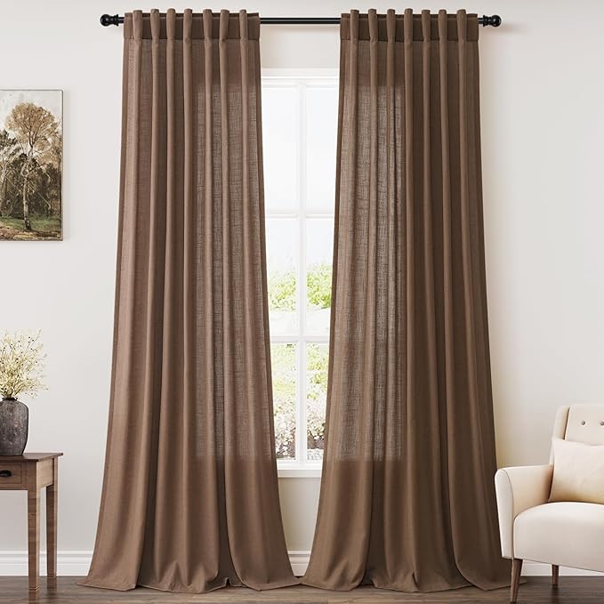 Extra Long Caramel Brown Linen Curtain 108 Inches Long 2 Panels Set Back Tab Linen Drapes for Living Room Modern Farmhouse Light Filtering Semi Sheer Curtains 108 Inch Length for Big Window 52x108
