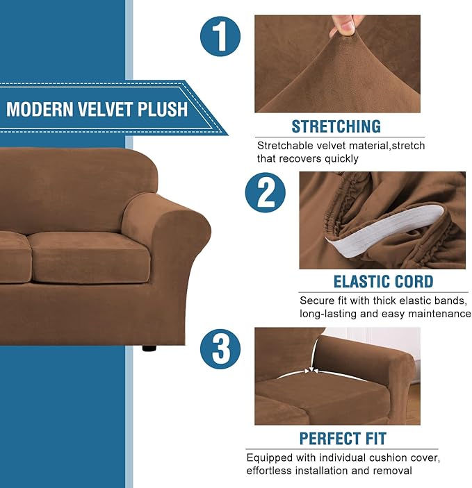 H.VERSAILTEX Real Velvet Plush 3 Piece Stretch Sofa Covers Couch Covers for 2 Cushion Couch Loveseat Covers Width Up to 72 Inch Thick Stay in Place (Medium Sofa, Caramel)