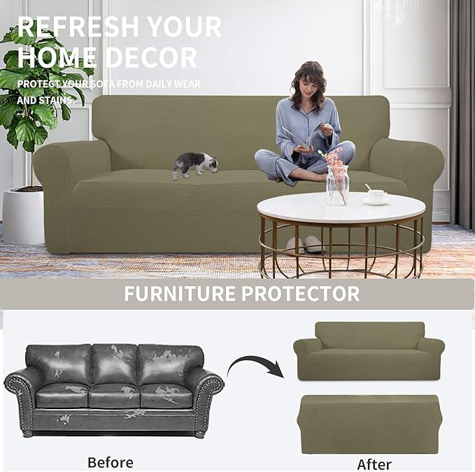 Easy-Going Stretch Chair Sofa Slipcover 1-Piece Couch Sofa Cover Furniture Protector Soft with Elastic Bottom for Kids, Pet. Spandex Jacquard Fabric Small Checks (Chair, Khaki)