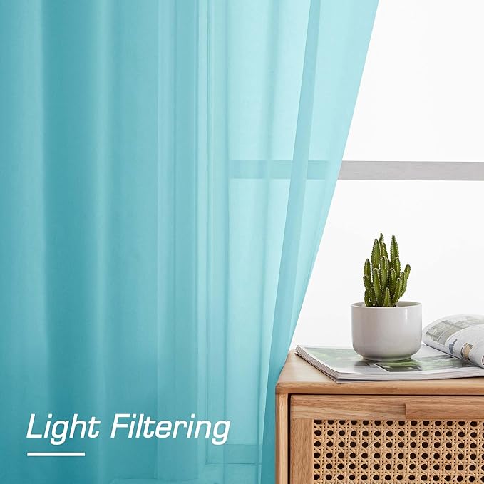 OWENIE Aqua Sheer Curtains for Bedroom Living Room 96 Inches Long 2 Panels Set, Soft Solid Light Filtering Clear Sheer Ceiling to Floor for Large Window, 2Pcs, Each 42" W x 96" L, Aqua