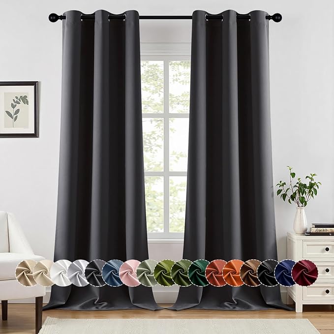 MIULEE Dark Grey Blackout Curtains for Bedroom Living Room 90 Inches Long 2 Panels, Thermal Insulated Room Darkening Drapes Solid Grommet Noise Reduction Light Blocking Window Treatments 40x90 Inch