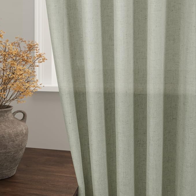 Nanspring Sage Green Curtains 132 Inches Long 2 Panels for Living Room Back Tab Rod Pocket Semi Sheer Linen Drapes Neutral Sage Room Decor Green Curtain Ceiling to Floor Length for Dining Room 52x132