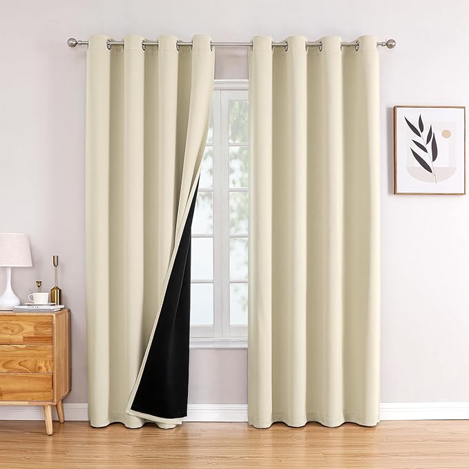 ChrisDowa 100% Blackout Curtains 108 inch Long for Bedroom with Black Liner, 2 Thick Layers Total Blackout Thermal Insulated Grommet Window Curtains 2 Panels Set (Light Beige, 52 x 108 Inch)