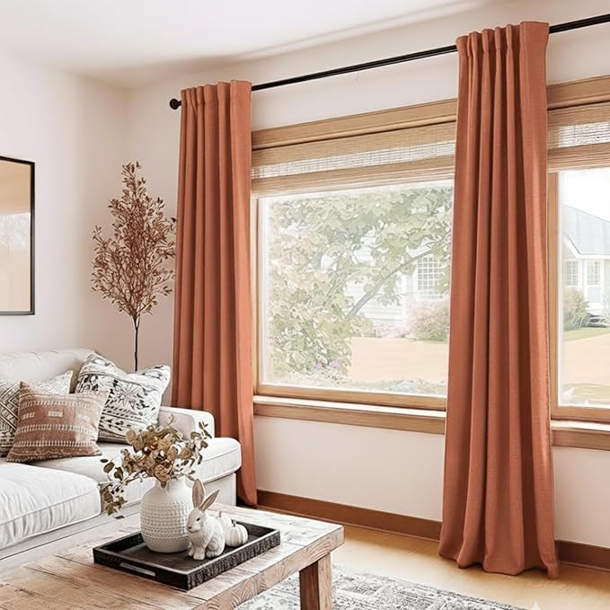 100% Blackout Shield Linen Blackout Curtains for Bedroom 102 Inches Long, Back Tab/Rod Pocket Living Room Drapes, Thermal Insulated Blackout Curtains 2 Panels Set, 50" W x 102" L, Burnt Orange
