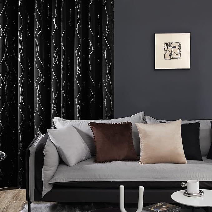 Deconovo Blackout Curtains 63 Inch Length 2 Panels Set, Black Drapes, Thermal Insulated Noise Reducting Privacy Curtain with Silver Print, Grommet Top, Machine Washable Window Panel for Living Room