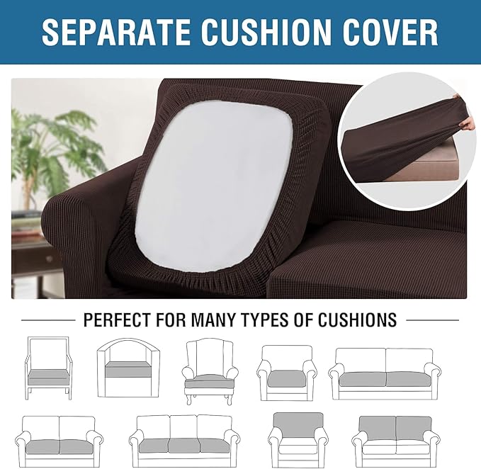 H.VERSAILTEX 4 Piece Stretch Sofa Covers for 3 Cushion Couch Covers for Living Room Furniture Slipcovers (Base Cover Plus 3 Seat Cushion Covers) Thicker Jacquard Fabric (Large Sofa, Chocolate)