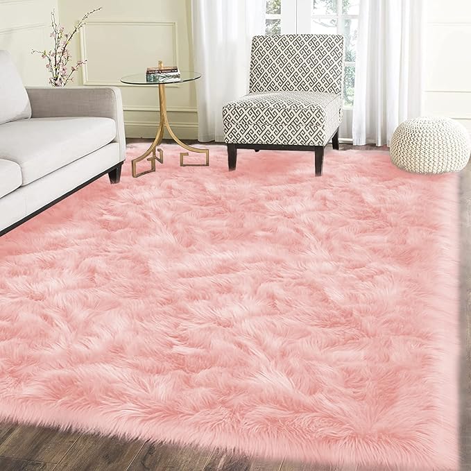 Latepis Pink Fur 5x8 Area Rug for Living Room Bedroom Faux Sheepskin Rugs Fuzzy Shaggy Plush Rug for Girls Room Cute Home Décor, Rectangle