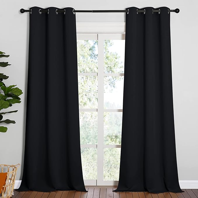 NICETOWN Black Out Curtain Panels - Home Decoration Thermal Insulated Solid Grommet Blackout Curtains/Drapes for Hall/Dining Room (Set of 2, 42 inches by 90 Inch, Black)