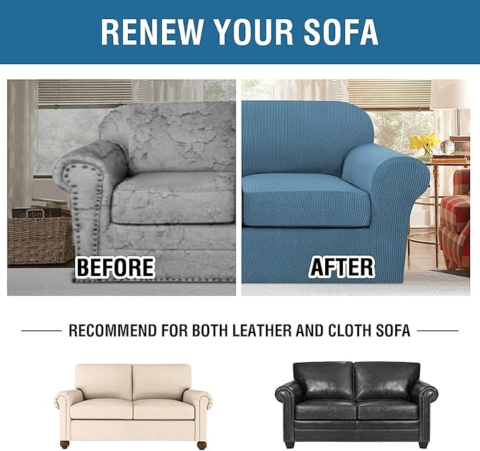 H.VERSAILTEX 3 Piece Stretch Sofa Covers for 2 Cushion Sofa Couch Covers for Living Room Furniture Cover (Base Cover Plus 2 Seat Cushion Covers) Thicker Jacquard Fabric(Large Sofa, Dusty Blue)