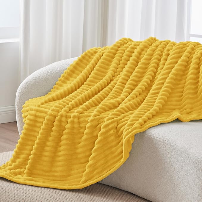 BEDELITE Twin Blanket for Couch & Bed, 300GSM Soft & Warm Fleece Blanket, Decorative and Giftable Striped Light Yellow Blankets for Women, Men, 60"x80"
