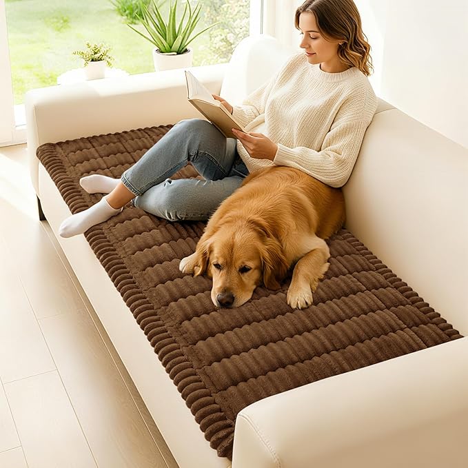 hyha Couch Covers for Dogs Washable, Non Slip Plush Dog Sofa Protectors, Fuzzy Pet Couch Covers for 3 Cushion Sofa Pet Friendly (Brown, 27.6" x 47")