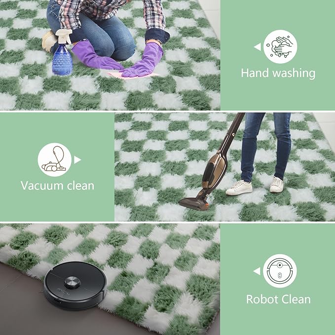 Area Rugs for Bedroom Living Room,6x9 Green and White Fluffy Soft Checkered Rug Fuzzy Shag Shaggy Carpet, Indoor Plush Floor Rugs for Kids Boys Girls Teen Dorm Nursery Home Decor