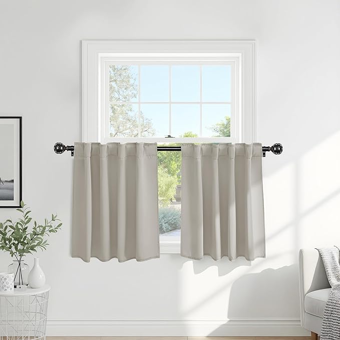 PONY DANCE Blackout Short Cafe Curtains, Privacy Light Block Small Window Curtains for Bedroom Kitchen Basement Dining Classroom, W 42 x L 30 inches, Cream, 2 Panels