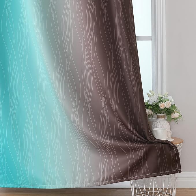 Estelar Textiler Brown and Teal Ombre Blackout Curtains 90 Inch Length 2 Panels Set, Thermal Insulated Drapes for Bedroom, Full Room Darkening Grommet Gradient Curtains for Living Room,52Wx90L