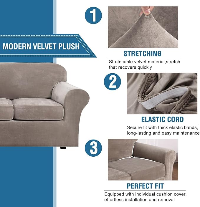 H.VERSAILTEX Real Velvet Plush 3 Piece Stretch Sofa Covers Couch Covers for 2 Cushion Couch Sofa Slipcovers Width Up to 90 Inch Feature Thick Soft Stay in Place (Large Sofa, Taupe)