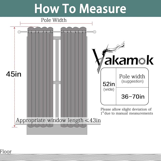 Yakamok Grey Blackout Curtains for Bedroom, Light Blocking Thermal Insulated Grommet Blackout Drapes for Living Room(52W by 45L, Grey, 2 Panels)