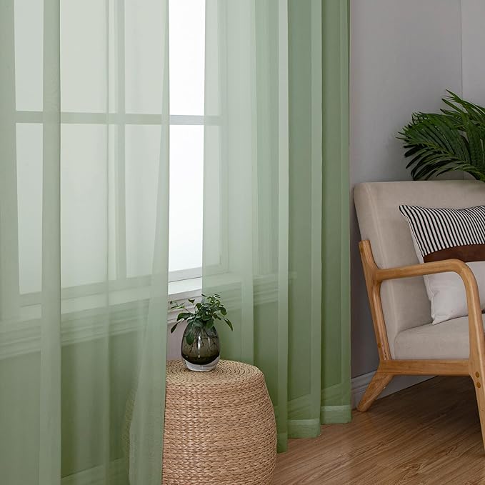 Simplebrand Sage Green Sheer Curtains 90 Inches Long 2 Panels, Light Filtering Rod Pocket Solid Color Window Sheer Curtain Panels, Elegant Curtains & Drapes for Living Room, Bedroom, 42" W x 90" L