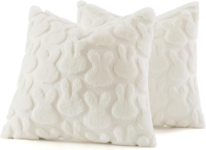 decorUhome Easter Bunny Pillow Covers 18x18 Inch Set of 2, Soft Plush Faux Wool Jacquard Cream White Rabbit Cushion Covers, Farmhouse Neutral Spring Easter Holiday Decor for Couch Sofa Bed