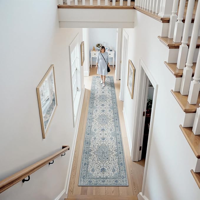 Area Rugs 2'6''x12' Runner Rug Non Slip Washable for Kitchen Hallway Bedroom Beside Laundry Room Bathroom Rug, Floor Carpet, Light Blue Navy Beige Gray White
