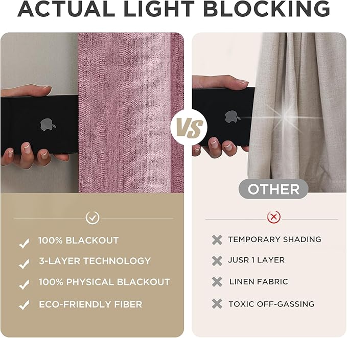 Joydeco Blackout Curtains for Bedroom - 100% Light Blocking 2 Panels Set Pink Drapes 66" W x 90" L, Thermal Insulated Room Darkening Curtains, Linen Textured for Living Room, Rod Pocket & Back Tabs