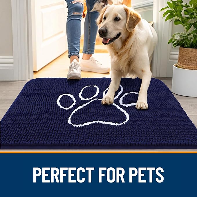 OLANLY Dog Door Mat for Muddy Paws 30x20, Paw Print Design, Absorbs Moisture and Dirt, Absorbent Non-Slip Washable Doormat, Quick Dry Chenille Mud Mat for Dogs, Entry Indoor Entryway Carpet, Navy Blue