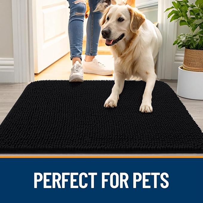 OLANLY Dog Door Mat for Muddy Paws 44x24, Absorbs Moisture and Dirt, Absorbent Non-Slip Washable Doormat, Quick Dry Chenille Mud Mat for Dogs, Entry Indoor Entryway Carpet for Inside Floor, Black