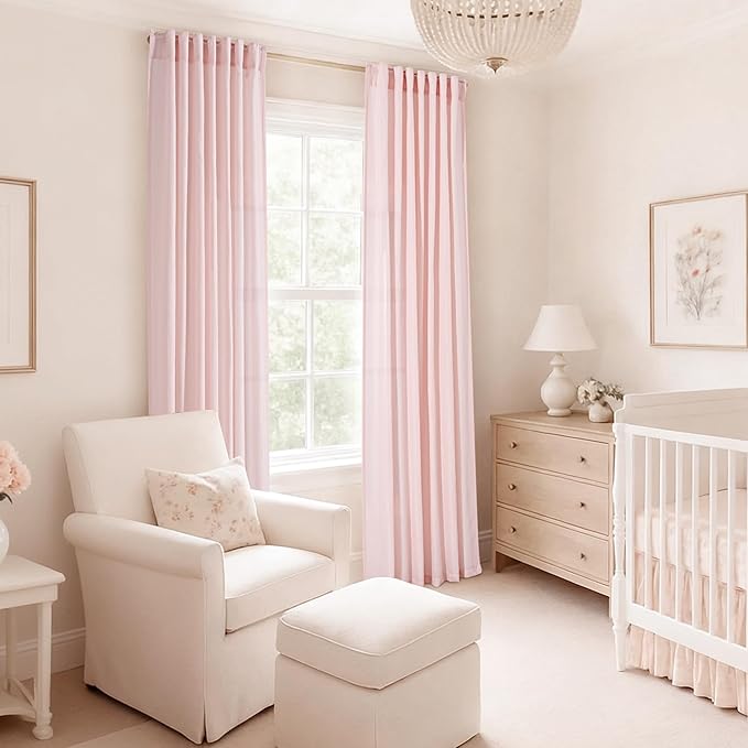 Pink Linen Curtains 84 Inch Length 2 Panels Set for Living Room Light Filtering Semi Sheer Curtains Cherry Blossom Pink Decor Modern Elegant Back Tap Drapes Nersury Bedroom 52ﾗ84 Inch