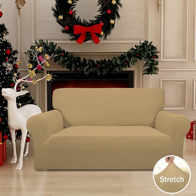 Easy-Going Stretch Loveseat Slipcover 1-Piece Sofa Cover Furniture Protector Couch Soft with Elastic Bottom for Kids Polyester Spandex Jacquard Fabric Small Checks (Loveseat, Golden)