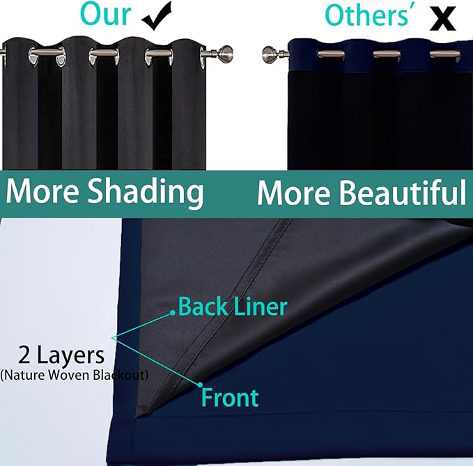 Yakamok 100% Blackout Curtains 84 Inches Long, 2 Thick Layers Heat and Full Light Blocking Soft Thermal Insulated Drapes for Bedroom(52" Wide Each Panel, Navy Blue, 1 Panel)