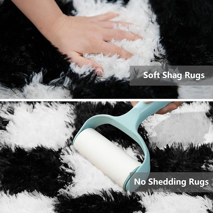 Checkered Area Rugs for Bedroom Living Room,4x6 Black and White Fluffy Soft Checkered Rug Fuzzy Shag Shaggy Carpet, Indoor Plush Floor Rugs for Kids Boys Girls Teen Dorm Nursery Home Decor