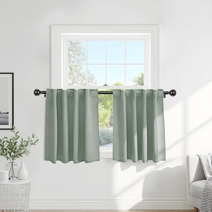 Pony Dance Small Blackout Curtains for Kitchen Windows, Short Drapes for Bathroom, Thermal Insulated Window Curtains Tiers for Basement, W 29 x L 36, Sage Green,2 PCS