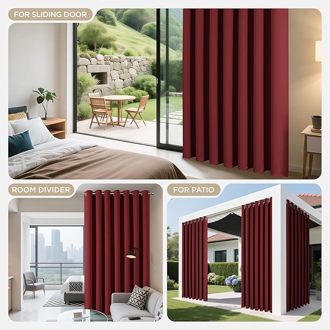 Joydeco Blackout Patio Sliding Door Curtains 96 Inches Long, Grommet Privacy Room Divider Curtains, Extra Wide Thermal Blackout Drapes for Bedroom Living Room (Burgundy Red, 60Wx96L, 1 Panel)