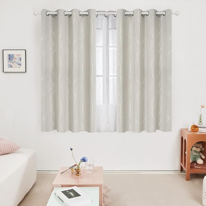 Deconovo Beige Blackout Curtains, Room Darkening Curtain, Thermal Insulated Soundproof Drapes, Silver Wave Dots Print, 52 x 54 Inch, Machine Washable Window Panels for Kitchen Nursery Office, Set of 2