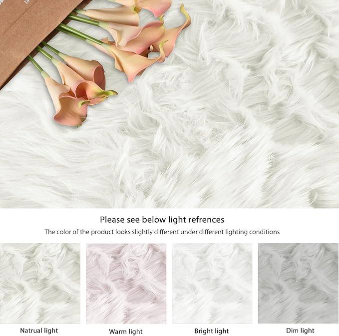 ORINOVA White Small Circle Fluffy Rugs for Bedroom Washable Faux Sheepskin Shaggy Fur Area Rugs for Living Room Round Rug 4ft Nursery Rug
