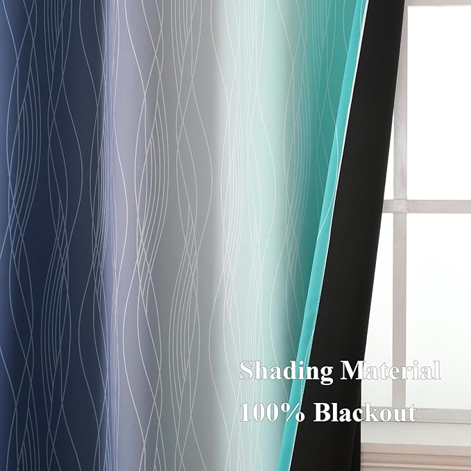 Estelar Textiler Navy Blue and Teal Ombre Blackout Curtains 45 Inch Length 2 Panels, Full Room Darkening Gradient Drapes for Kitchen, Thermal Insulated Grommet Short Curtains for Bathroom,42Wx45L