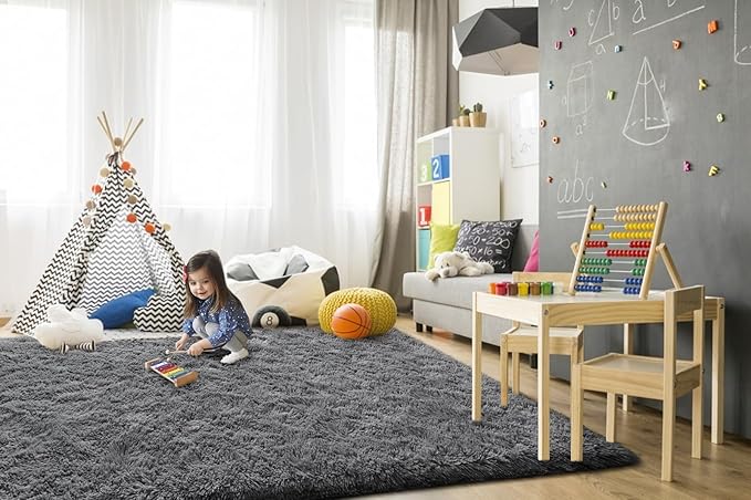 TWINNIS Super Soft Shaggy Rugs Fluffy Carpets, 5x8 Feet, Indoor Modern Plush Area Rugs for Living Room Bedroom Kids Room Nursery Home Decor, Upgrade Anti-Skid Rectangular Fuzzy Rug, Gray