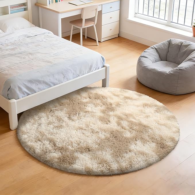 Fluffy Round Rug,Soft Area Rugs for Girls Room,Shaggy Rugs 6'X6' for Living Room,Non Slip Circle Rug for Kids Bedroom,Shag Plush Nursery Carpets,Fuzzy Rug for Dorm,Room Decor Carpet,Tie-Dyed Beige