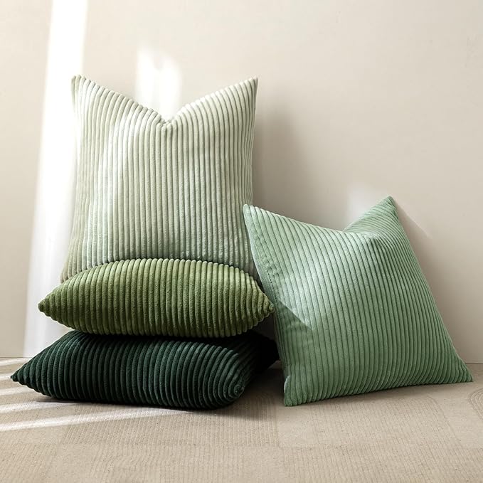 MIULEE Boho Farmhouse Sage Green Throw Pillow Covers 16x16 Inch Set of 4 Mordern Nordic Cushion Covers Soft Corduroy Spring Home Decor for Couch Bed Sofa Living Room Forest Green