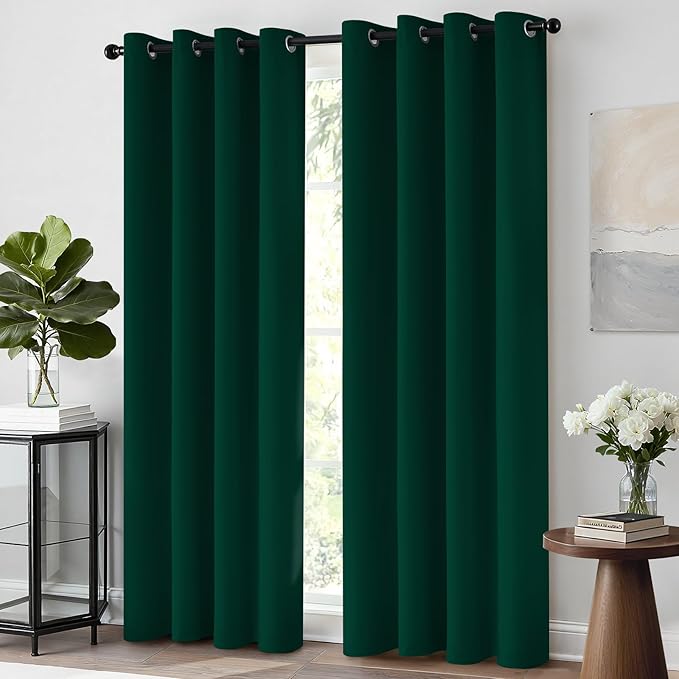 Yakamok Dark Green Blackout Curtains for Bedroom, Room Darkening Thermal Insulated Grommet Window Curtains, Light Blocking Blackout Drapes for Living Room,52Wx84L inch,2 Panels