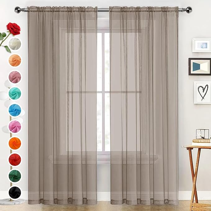SpaceDresser Basic Rod Pocket Sheer Voile Window Curtain Panels Taupe 1 Pair 2 Panels 52 Width 54 Inch Long for Kitchen Bedroom Children Living Room Yard（Taupe, 52W x 54L）