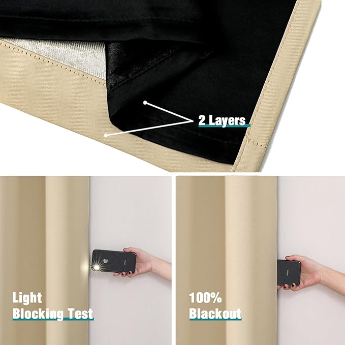 ChrisDowa 100% Blackout Curtains for Bedroom with Black Liner, 2 Thick Layers Total Blackout Thermal Insulated Grommet Window Curtains 2 Panels Set (Beige, 42 x 84 Inch)