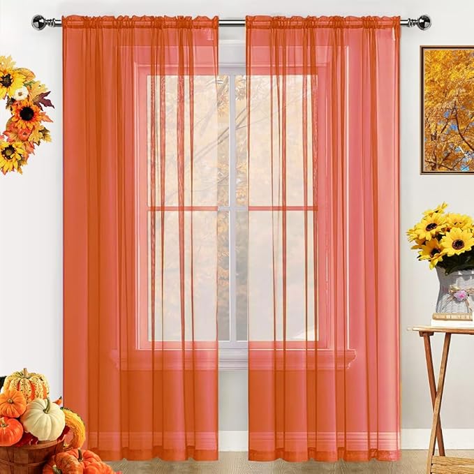 SpaceDresser Sheer Voile Window Treatment Rod Pocket Curtain Panels for Kitchen Bedroom Living Room Drapes Sunlight Filtering Privacy Semi Home Decor Assorted Colors Sizes (Jaffa Orange, 52 W x 54 L)