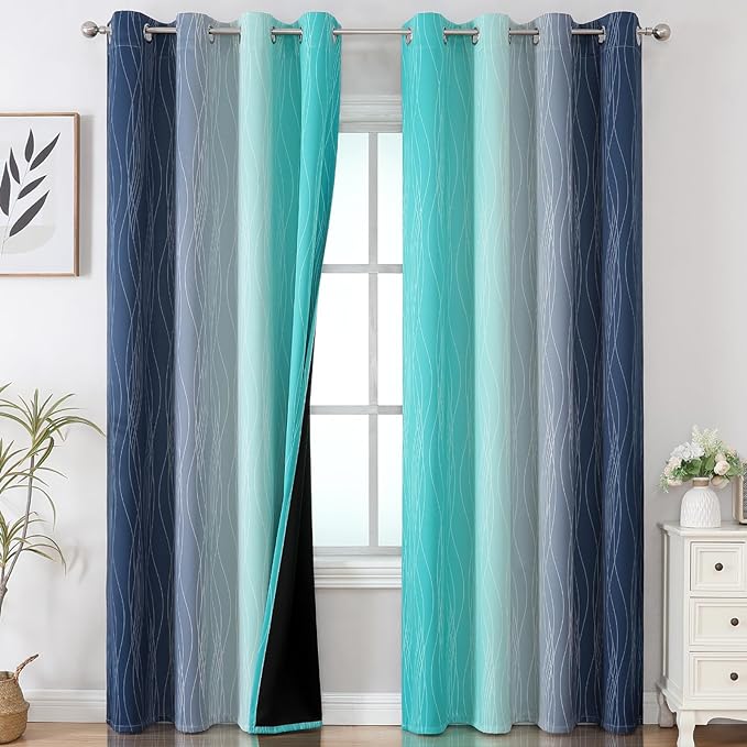 Estelar Textiler Navy Blue and Teal Gradient Blackout Curtains for Bedroom, Thermal Insulated Ombre Blackout Drapes, Full Room Darkening Energy Saving Curtains for Living Room,52Wx84L,2 Panels