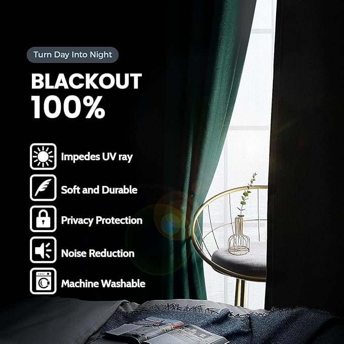 SimpleHome 100% Blackout Curtains for Bedroom,Thermal Insulated Dark Green Grommet Window Drapes Room Darkening Curtains for Living Room with Black Back,52 x 54 Inch,2 Panels
