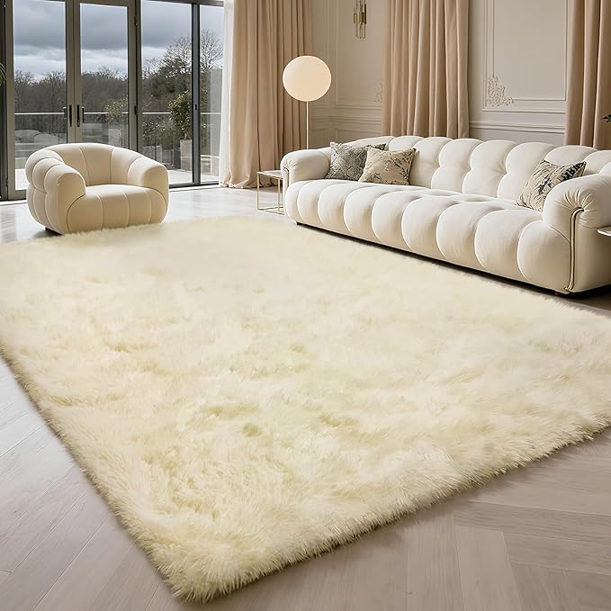 9x12 Fluffy Area Rugs for Living Room,Large Fuzzy Shag Area Rug for Bedroom,Ivory Soft Non-Shedding Indoor Plush Carpet for Kids Bedroom Nursery Home Decor