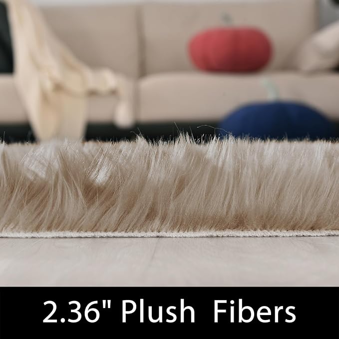 Latepis Light Brown Beige Faux Sheepskin Fur 2x10 Runner Rug for Hallway Non-Slip Shag Rug for Bedroom Living Room Rugs Carpet for Home Decor Rectangle