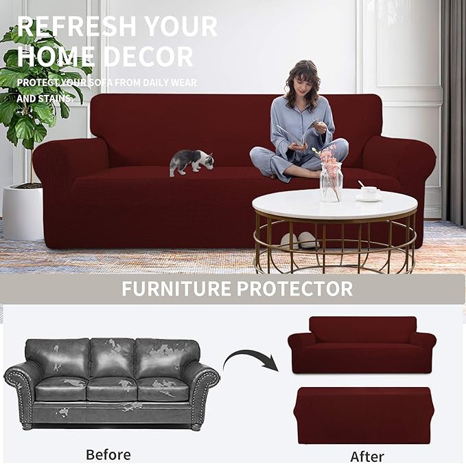 Easy-Going Stretch Oversized Loveseat Slipcover 1-Piece Sofa Cover Furniture Protector Couch Soft with Elastic Bottom for Kids Polyester Spandex Jacquard Fabric Small Checks Wine